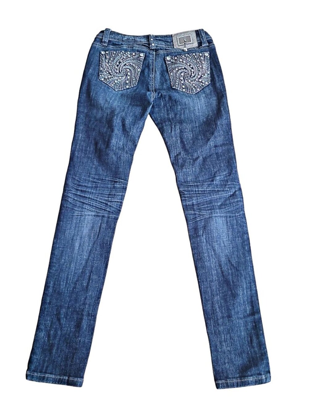 LA Idol Women's Ultra Low Waist Rhinestone Beaded Blue Skinny Denim Jeans
